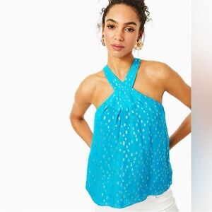 Lilly Pulitzer Rori Halter Top Size XL Cumulus Blue Viscose Metallic Clip